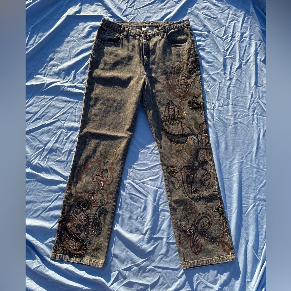 Chico's Embroidered & Beaded Straight Leg Denim Jeans - Multicolored